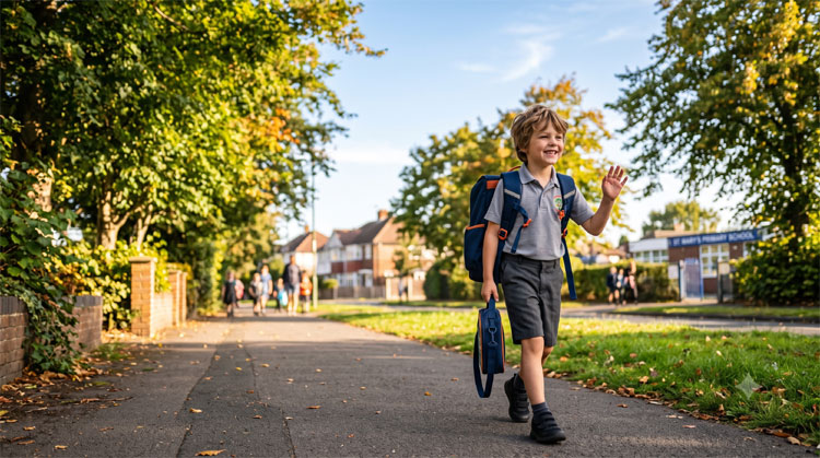Child wearing a well-fitted backpack walking to school